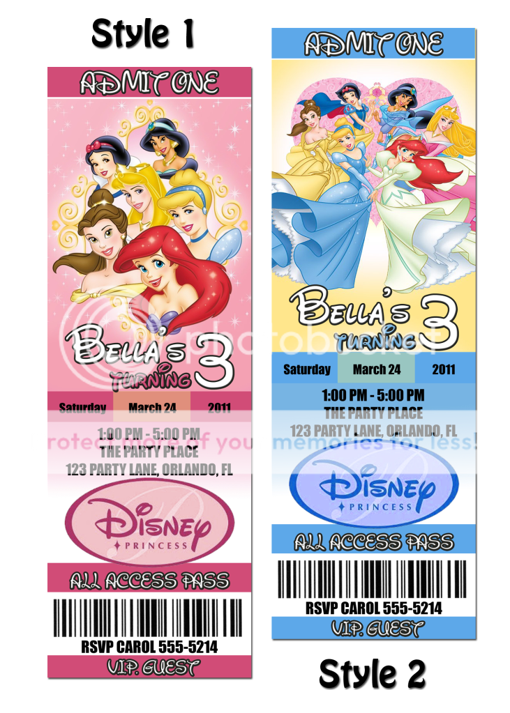 custom disney princess invitation tickets digital file only